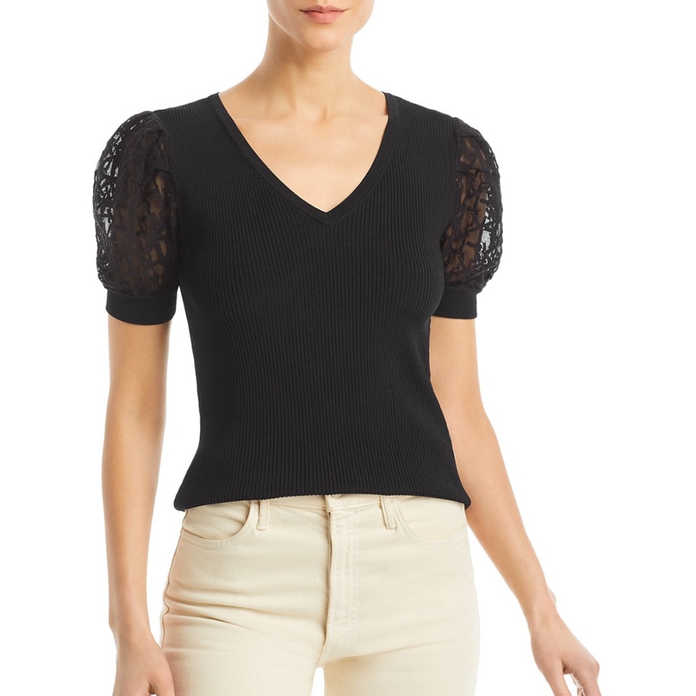 Karl Lagerfeld Black Ribbed Lace Sweater Top